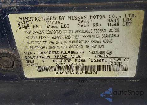 2006 Nissan Sentra 1.8S из США, поврежденный, VIN 3N1CB51D46L486378